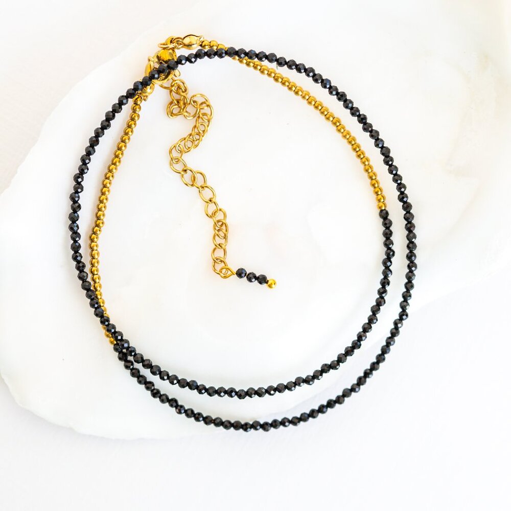 Black Spinel Beaded Necklace Gold Waterproof Layering Necklace Black Jewelry
